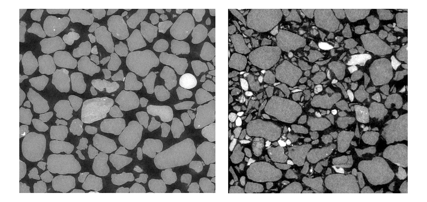 2D slices of 3D CT-scan images of a limb sample before (left) and after (right) loading, the latter showing shattered grains.