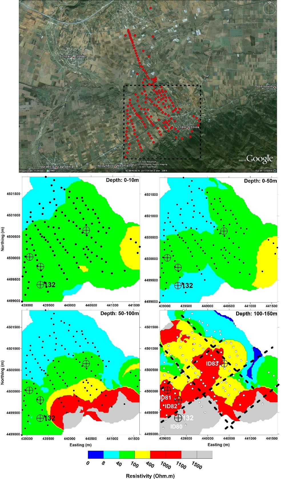 Figure 1 3D interpretation of TEM measurements collected in the Southern part of the study area is presented. Four different depth slices (0-10 m, 0-50 m, 50-100 m, and 100-150 m) are depicted. The location of the TEM soundings are shown.