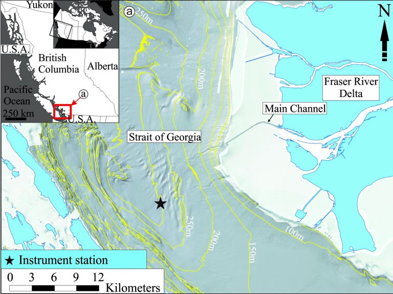 Figure 1. Bathymetric map of the Strait of Georgia off the Fraser River Delta and the position of the instrument station (black star). The inset map shows the position of the study area (red box) in Canada and British Columbia