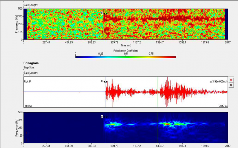 Example waveform from a ‘Located microseismic event’ a) Waveforms recorded in the 10 geophone tools, b) Polarisogram, and frequency content of an example component.